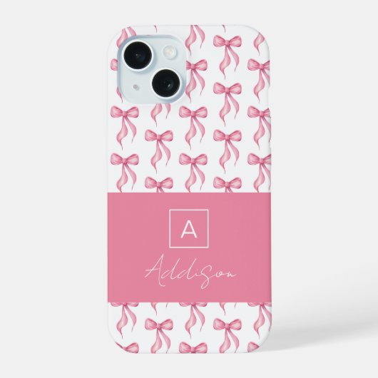 Schattige Monogram Roze Bow Coquette iPhone 15 Case (Achterkant)