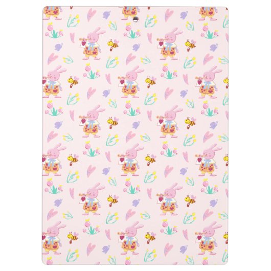 Schattige Monogram Roze Konijn & Bijen Tuinpatroon Klembord (Achterkant)