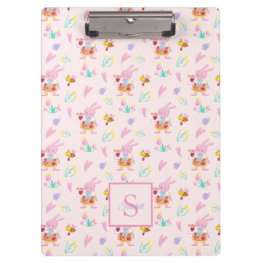Schattige Monogram Roze Konijn & Bijen Tuinpatroon Klembord (Voorkant)