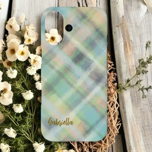 Schattige monogram script plaid blauwgroen geel gr Case-Mate iPhone case