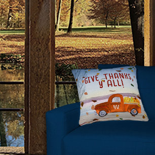 Schattige Monogram Thanksgiving Oranje Vrachtwagen Kussen
