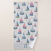 Schattige Monogram Zeilboot & Naam Kinder Badhanddoek (Badhanddoek)