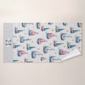 Schattige Monogram Zeilboot & Naam Kinder Badhanddoek (Badhanddoek)