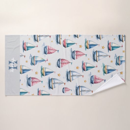 Schattige Monogram Zeilboot & Naam Kinder Badhanddoek (Badhanddoek)