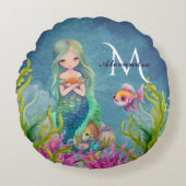Schattige monogramnaam Zeemeermin Rond Kussen (Voorkant)