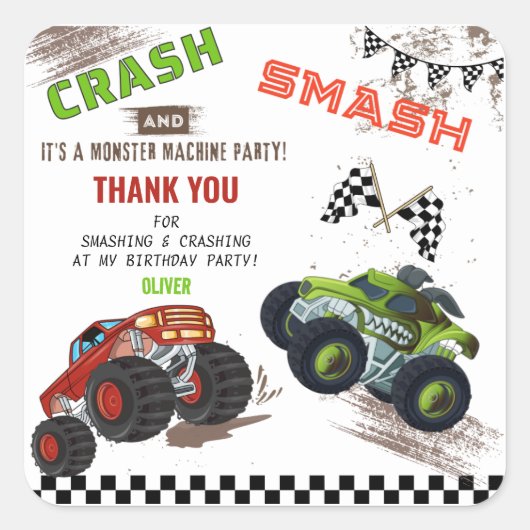 Schattige Monster Bedankt Auto Truck Kids Verjaard Vierkante Sticker (Voorkant)