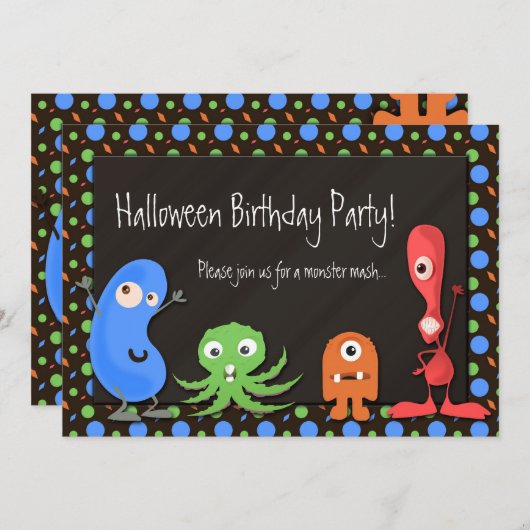 Schattige Monster Halloween Verjaardagsfeestuitnod Kaart (Voorkant / Achterkant)