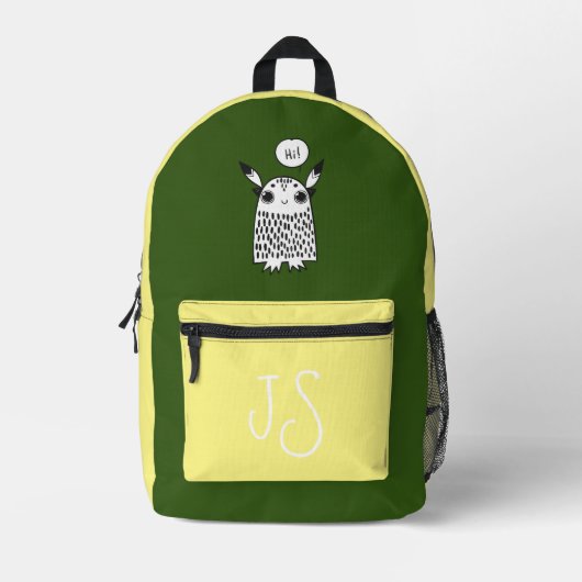 Schattige monster olijfgeel monogram minimalist bedrukte rugzak (Voorkant)