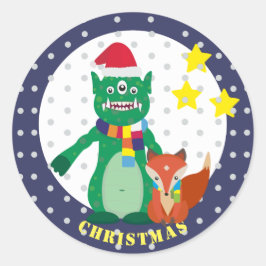 Schattige Monster, retro vos Gelukkig Nieuwjaar Ronde Sticker