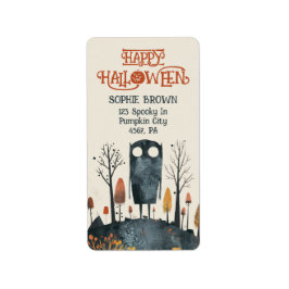 Schattige Monster Spooky Herfstlandschap Happy Hal Etiket