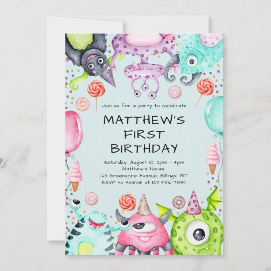 Schattige Monsters Kind 1e Verjaardagsfeest Kaart (Voorkant)