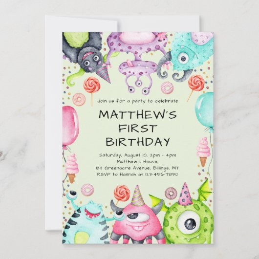 Schattige Monsters Kind 1e Verjaardagsfeest Kaart (Voorkant)