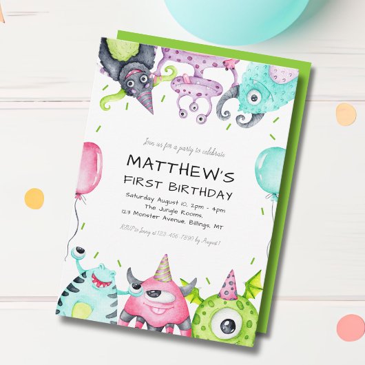 Schattige Monsters Kind 1e Verjaardagsfeest Kaart