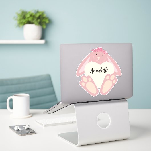 Schattige mooi meisje roze konijn met hart bloemen sticker (Laptop op bureau)