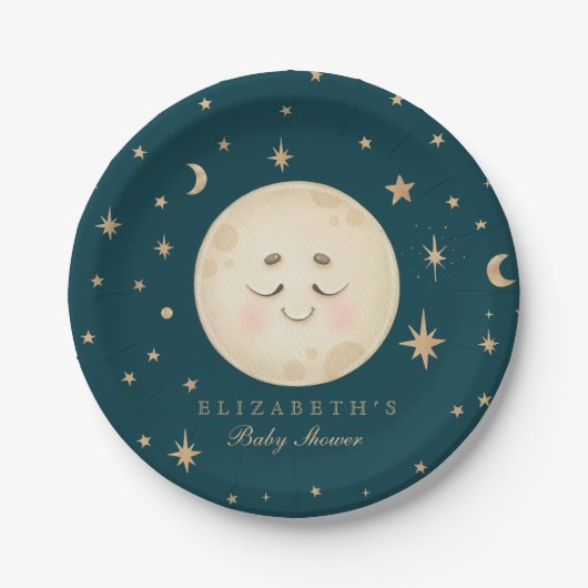 Schattige Moon en Star Navy Baby shower Papieren Bordje (Voorkant)