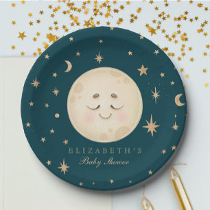 Schattige Moon en Star Navy Baby shower Papieren Bordje