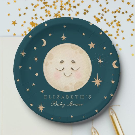 Schattige Moon en Star Navy Baby shower Papieren Bordje