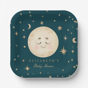 Schattige Moon en Star Navy Baby shower Papieren Bordje