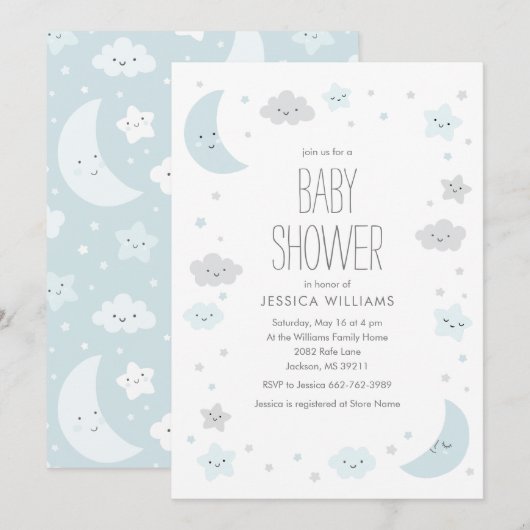 Schattige Moon & Stars Lijst Boy Baby shower Uitno Kaart (Voorkant / Achterkant)
