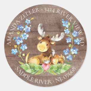Schattige Moose Baby shower retour adreslabel Ronde Sticker