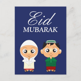 Schattige moslimjongen en meisje Eid Mubarak Briefkaart