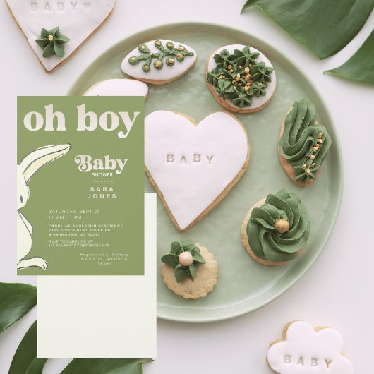 Schattige Moss Green Oh Boy Rabbit Baby shower Kaart