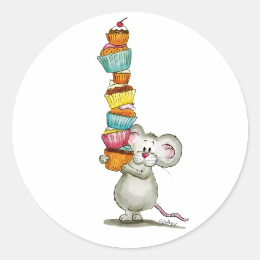 Schattige Mouse draagt Cupcakes - van Gerda Steine Ronde Sticker (Voorkant)