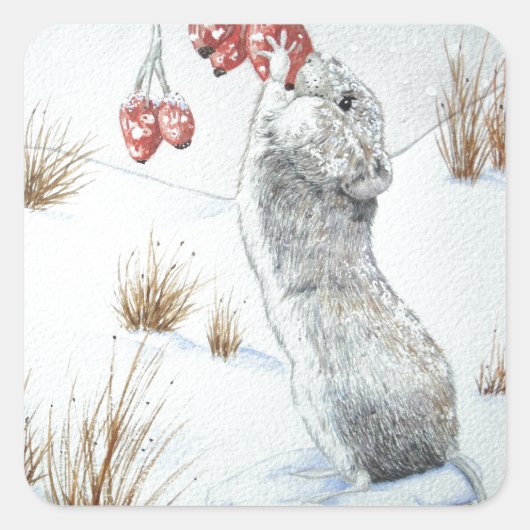 Schattige Mouse Sneeuwscène Wildlife met Kerstmis Vierkante Sticker (Voorkant)