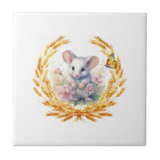 Schattige Mouse Tarwe Vlinder Tegel Wit Bloemen Tegeltje