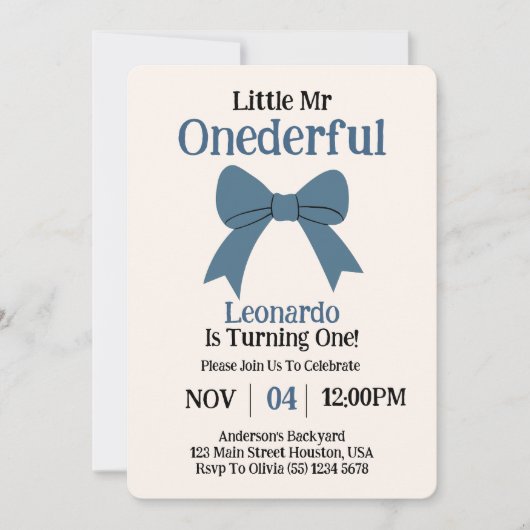 Schattige Mr. Onederful Blue Bow Boy 1e Verjaardag Kaart (Voorkant)