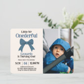 Schattige Mr. Onederful Blue Bow Boy 1e Verjaardag Kaart (Staand voorkant)