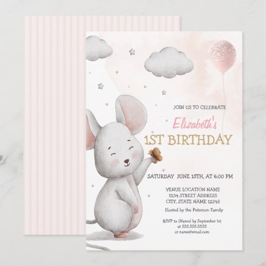 Schattige muis ballon gestreept op geboortedag kaart (Voorkant / Achterkant)