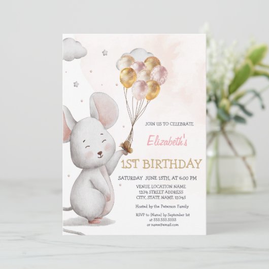 Schattige muis ballonnen gestript op zaterdag kaart (Staand voorkant)