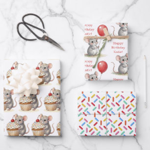 Schattige Muis, Cupcakes en Strooigoed Verjaardag Inpakpapier Vel