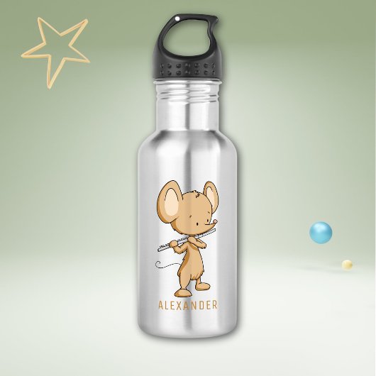 Schattige muis die fluit speelt gepersonaliseerd waterfles 