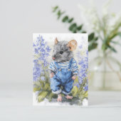 Schattige muis in denim in de bloemen briefkaart (Staand voorkant)