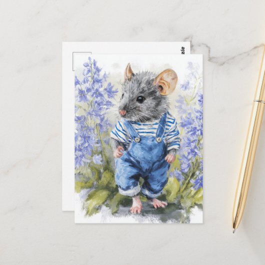 Schattige muis in denim in de bloemen briefkaart (Voorkant / Achterkant in situ)