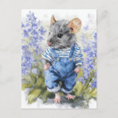 Schattige muis in denim in de bloemen briefkaart (Voorkant)