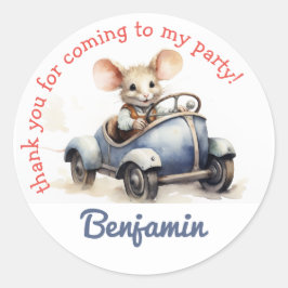 Schattige Muis in een Auto Kinderverjaardag Bedank Ronde Sticker
