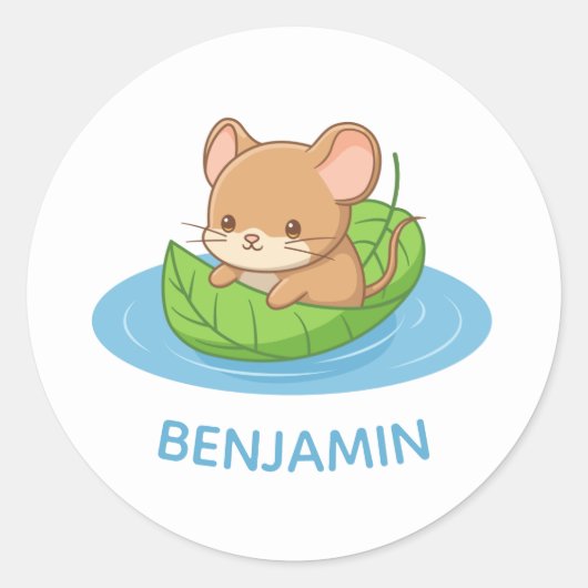 Schattige Muis in een Blad Boot Aangepaste Naam Ronde Sticker (Voorkant)
