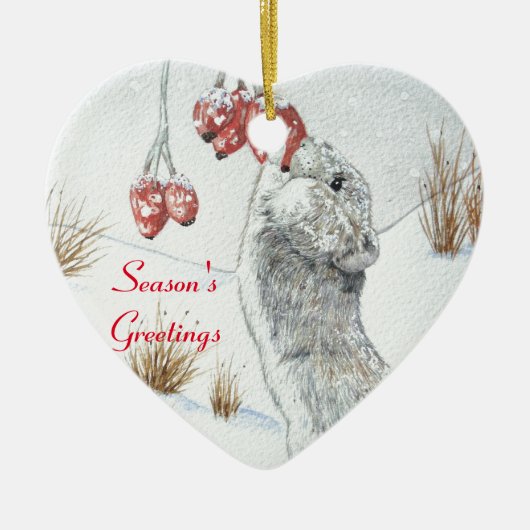 schattige muis met bessen sneeuwen keramisch ornament (Voorkant)