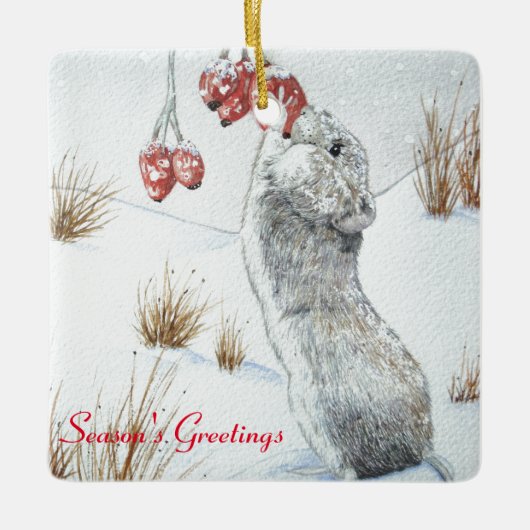 schattige muis met bessen sneeuwen keramisch ornament (Voorkant)