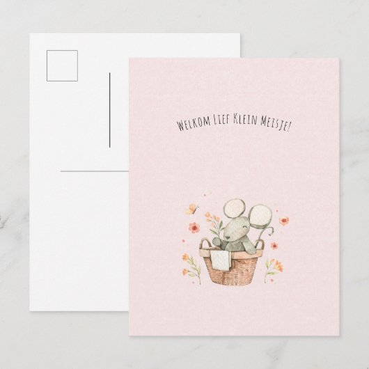 Schattige Muis Met Bloemen Welkom Nieuwe Baby Briefkaart (Voorkant / Achterkant)