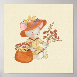 Schattige Muis Met Kleine Eendjes En Bloemen Poster