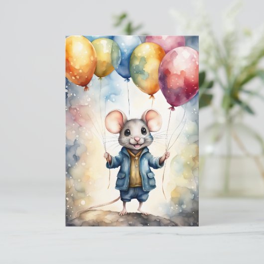 Schattige muis met kleurrijke ballonnen, aangepast kaart (Staand voorkant)