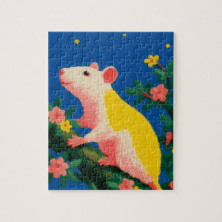 Schattige Muis op Bloeiende Tak met Vuurvliegjes Legpuzzel