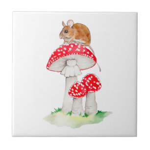 Schattige muis op vliegenzwam aquarel tegeltje