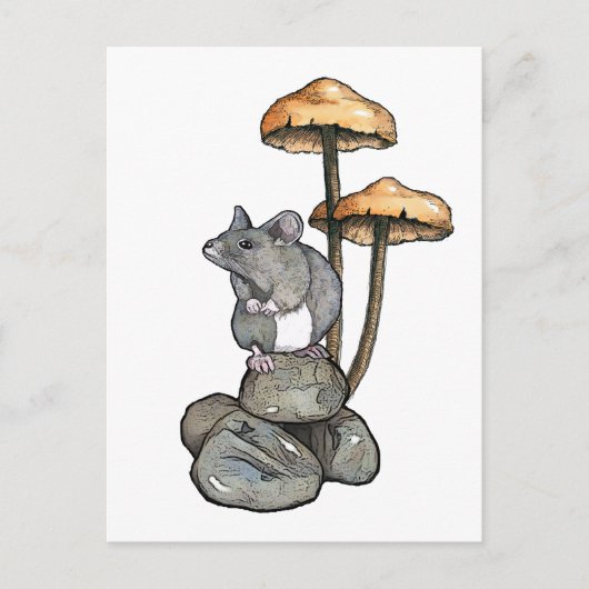 Schattige muis staand op rotsen, met paddenstoelen briefkaart (Voorkant)
