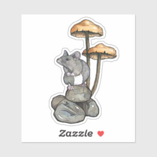 Schattige muis staand op rotsen, met paddenstoelen sticker