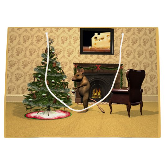 Schattige muis versiert een kerstboom groot cadeauzakje (Voorkant)